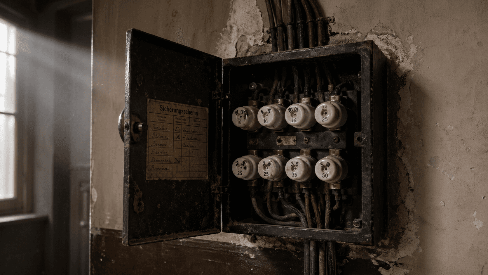 Alte Verteilung mit Schraubsicherungen und Klassischer Nullung in einem Berliner Altbau